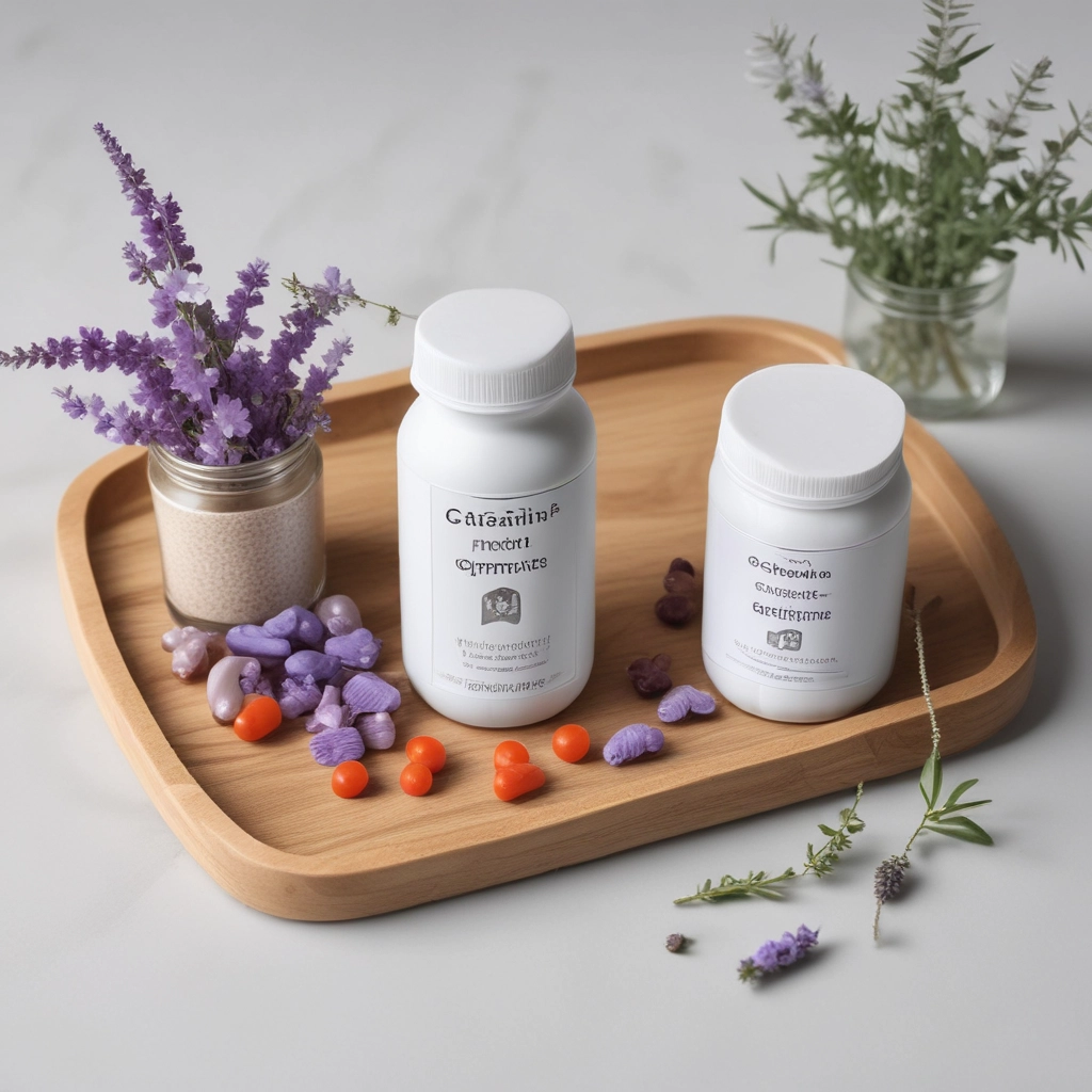A collection of  supplement containers placed on a wooden tray with a decorative sprig of flowers. The large jar on the left displays a product labeled 'Estreñigran', while two smaller bottles on the right are labeled 'REDU Gran Plus' and 'COLON Cleanser'. The setting has a light gray background with a lavender surface.